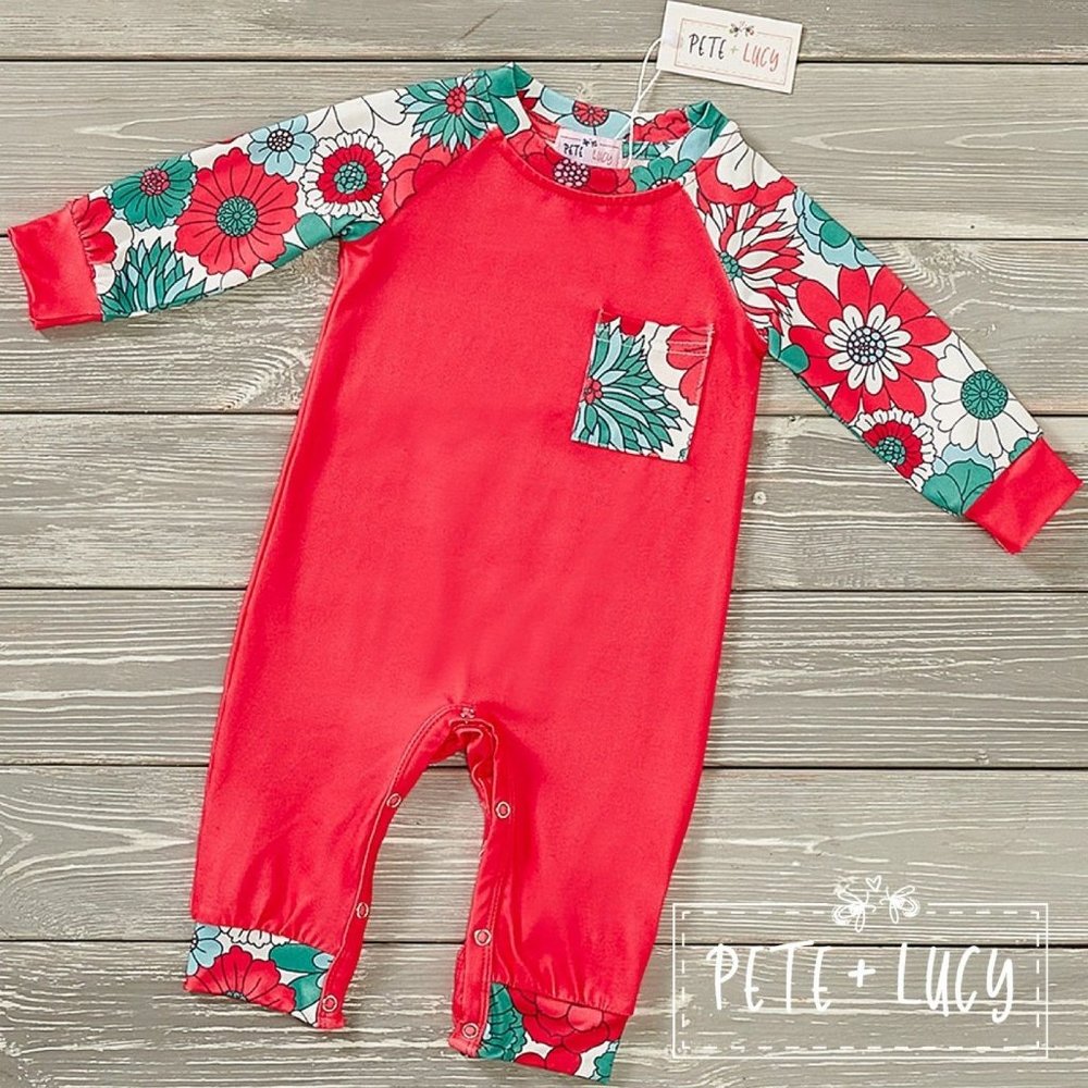 Infant Romper 3-6M Bunches of Flowers Pete + Lucy Long Sleeve Red Milk Silk